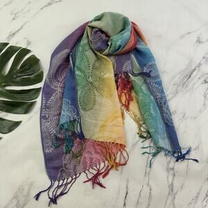 Womens Vintage 90s Rainbow Pashmina Scarf Wrap Floral Colorful Fringe Boho